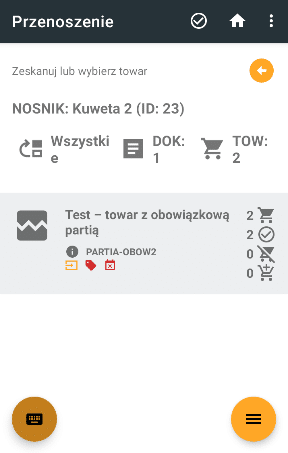 Widok przenoszenia towaru z danymi identyfikacyjnymi.