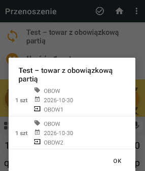 Widok podglądu danych identyfikacyjnych na ekranie przenoszenia towarów.