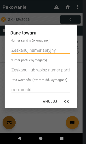 Widok okna do wpisania danych identyfikacyjnych podczas pakowania. 