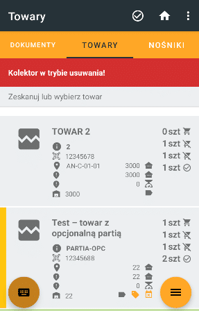 Widok włączonego trybu usuwania w module kompletacji. 