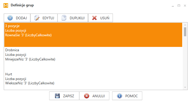 Okno definicji grup dokumentów z listą utworzonych grup.