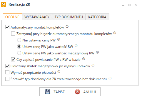 Zakładka OGÓLNE w oknie Realizacja ZK w Sfera GT Serwer.