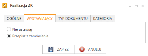 Zakładka WYSTAWIAJĄCY w oknie Realizacja ZK w Sfera GT Serwer.