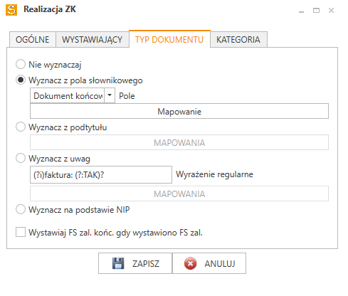 Zakładka TYP DOKUMENTU w oknie Realizacja ZK w Sfera GT Serwer.