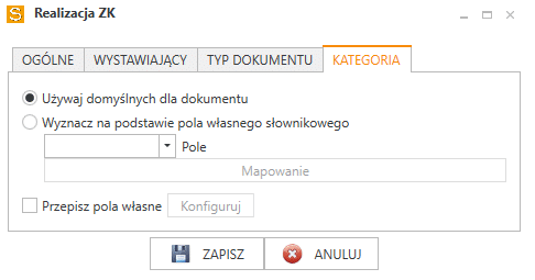 Zakładka KATEGORIA w oknie Realizacja ZK w Sfera GT Serwer.