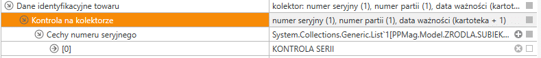 Okno edycji źródła Subiekt GT, węzeł Różne, sekcja Dane identyfikacyjne towaru z polem Cechy numeru seryjnego w sekcji Kontrola na kolektorze.