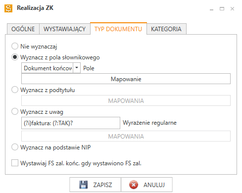 Okno Realizacja ZK w serwerze Sfera GT, zakładka Typ dokumentu.