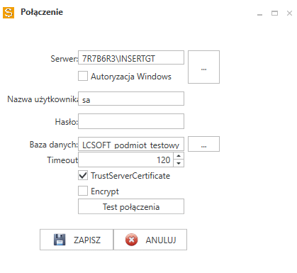 Okno konfiguracji połączenia Sfera GT Serwer.