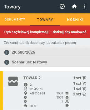 Ekran kompletacji częściowej na kolektorze przy pracy z nośnikiem wirtualnym, z poleceniem Zeskanuj nośnik docelowy lub zakończ proces.